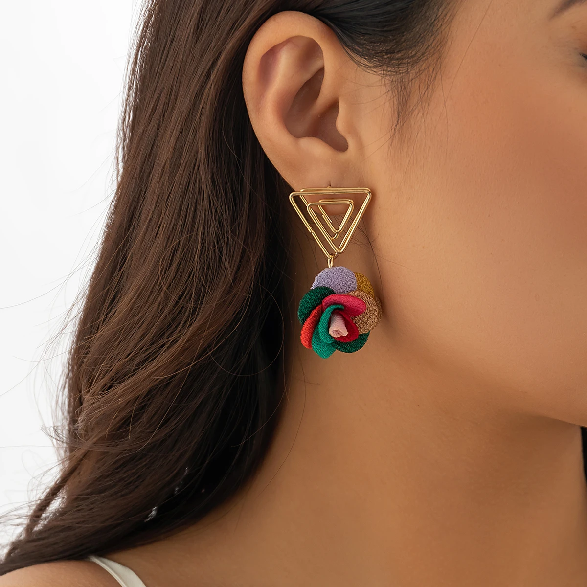 

Triangle with Flower Pendant Earrings for Women Elegant Colorful Flower Drop Earrings 2023 Fashion Jewelry Accessories Ladies