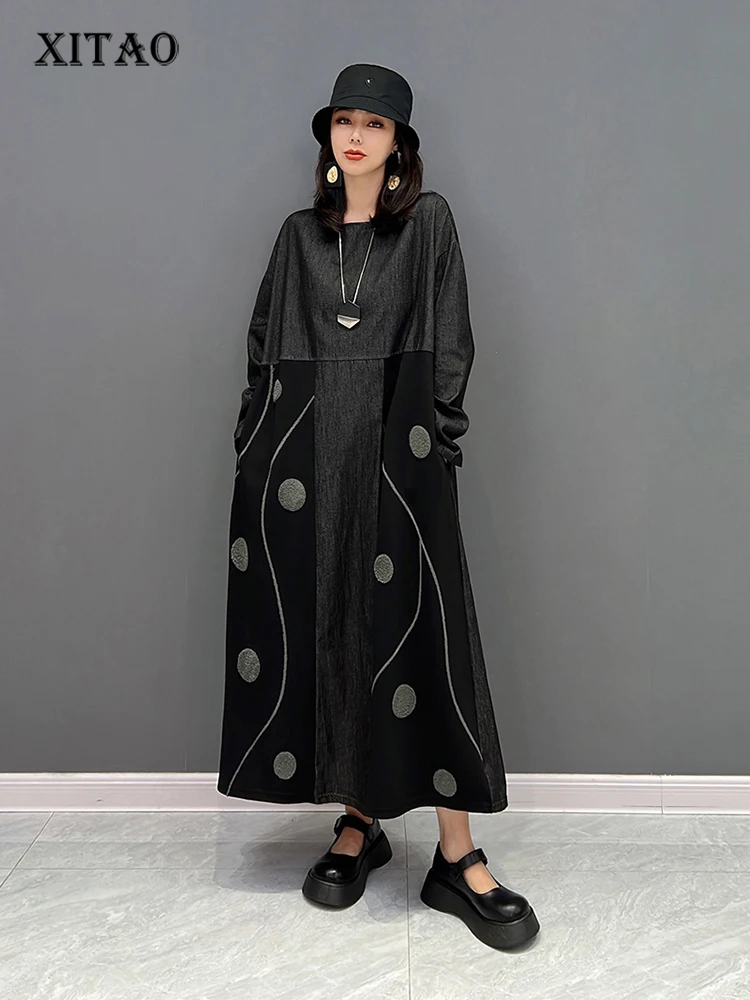 

XITAO Contrast Color Dot Patchwork Dress Loose Fashion Casual Long Sleeve T-shirt Dress Autumn New Simplicity Women WLD8668