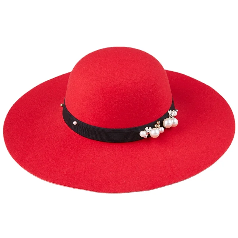 

Шляпа-федора женская с большими полями и жемчугом