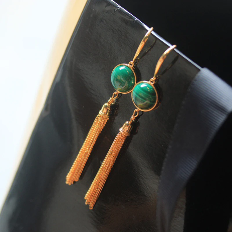 Элегантные серьги из натурального малахита серебро 925 пробы желтое золото