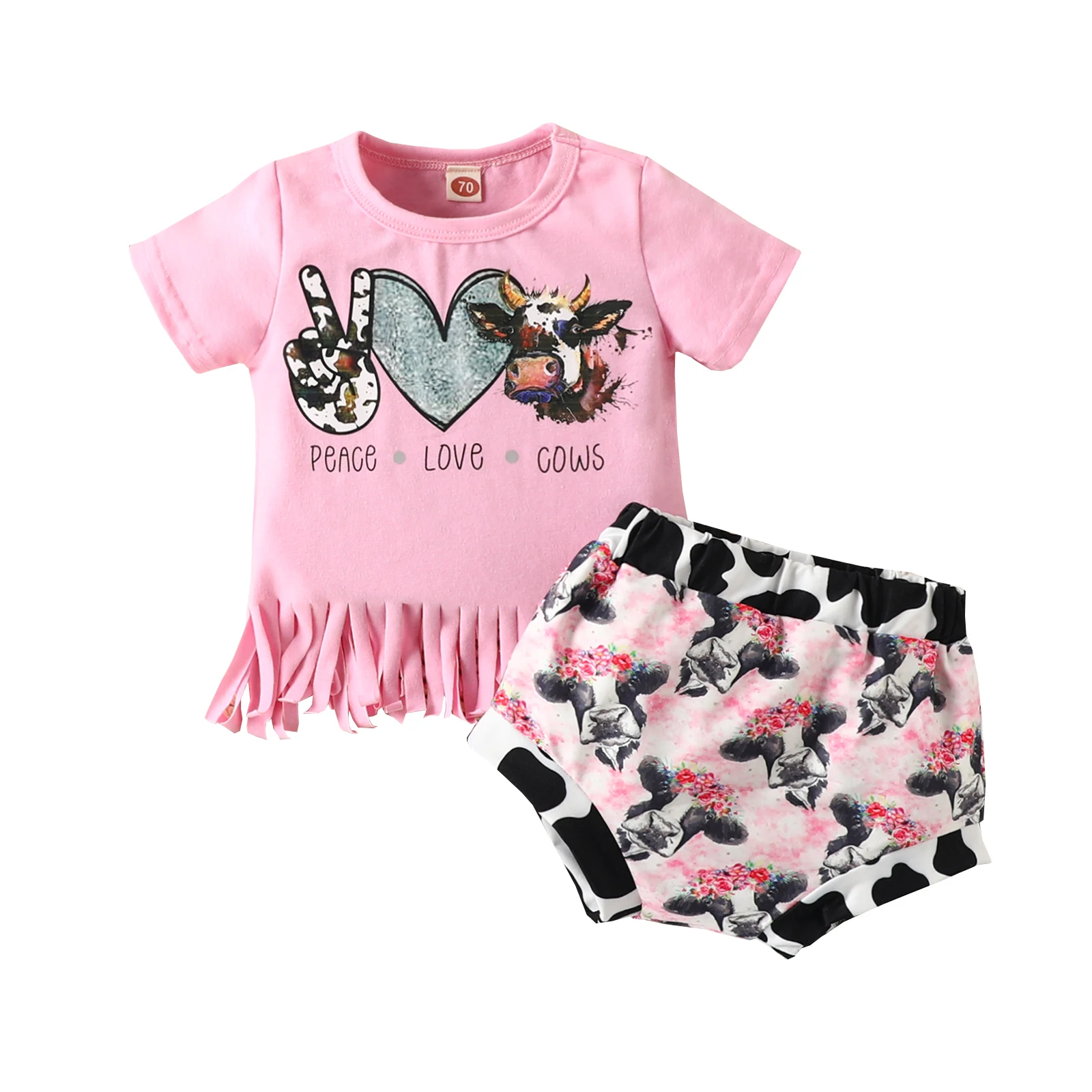 

Infant Baby Girls Casual Suit, Cow Letter Printed Short Sleeve Tassel Tops+Floral Printed Triangle Shorts