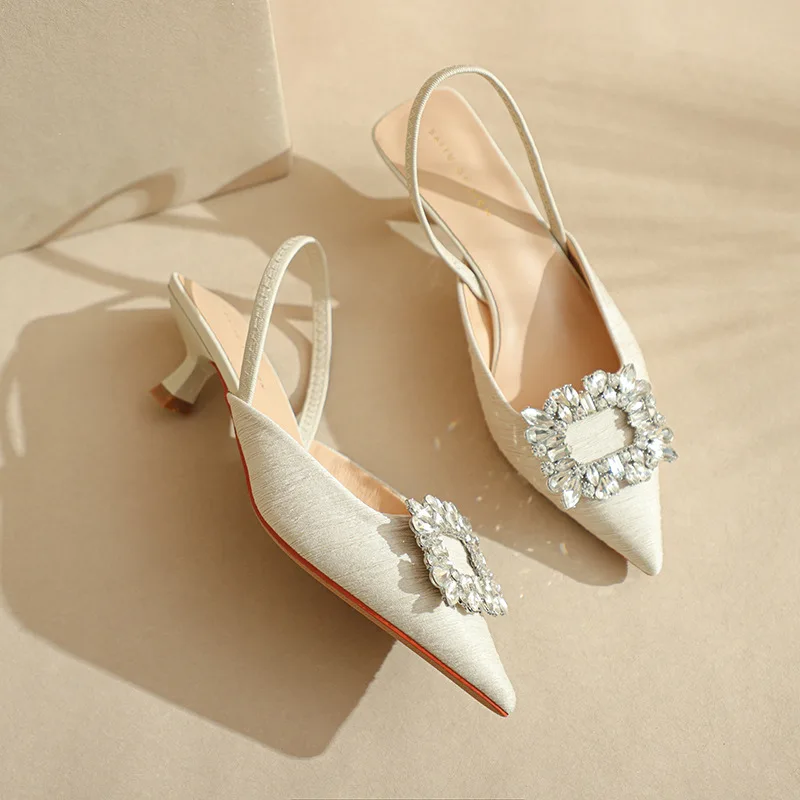 Wizard of Oz Square Button Rhinestone Women's Shoes Pointed Toe Shallow Mouth Single Shoes 2023 Summer New Slim Heel Sandals