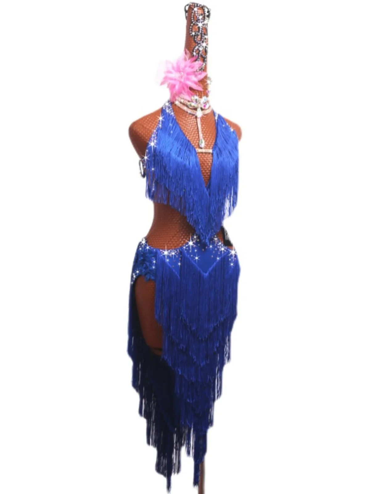 Платье для латиноамериканских танцев ярко-синее платье с цепочкой облегающая
