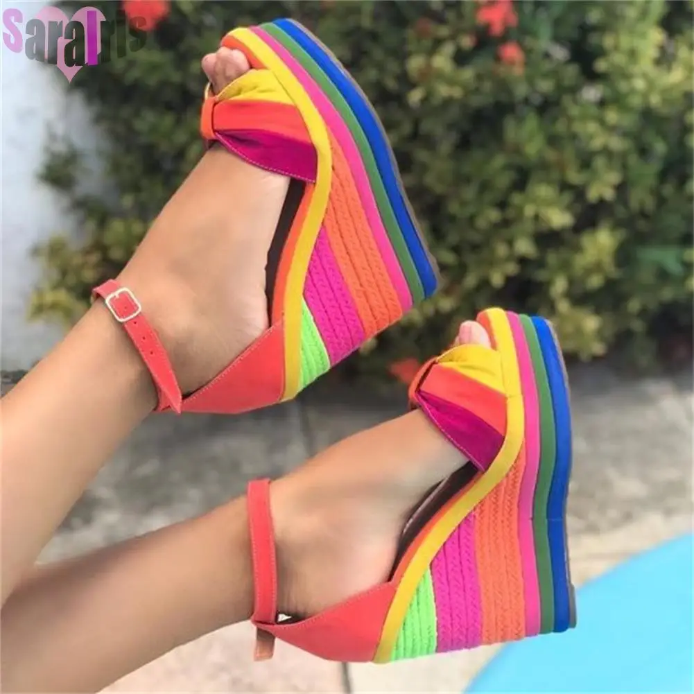 

2023 Rainbow Super High Heels Wedges Sandals Leisure Party Colorful Espadrille Sandal Straw Platform Shoes For Women Big Size 43