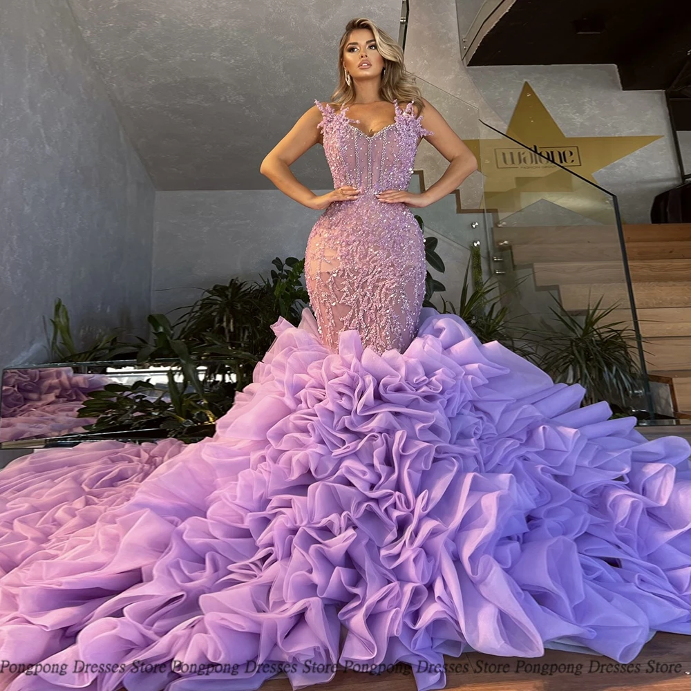 

Exquisite Mermaid Evening Dresses Layered Sleeveless Paillette Applique Open Back Party Glitter Women Dress Vestidos De Fies