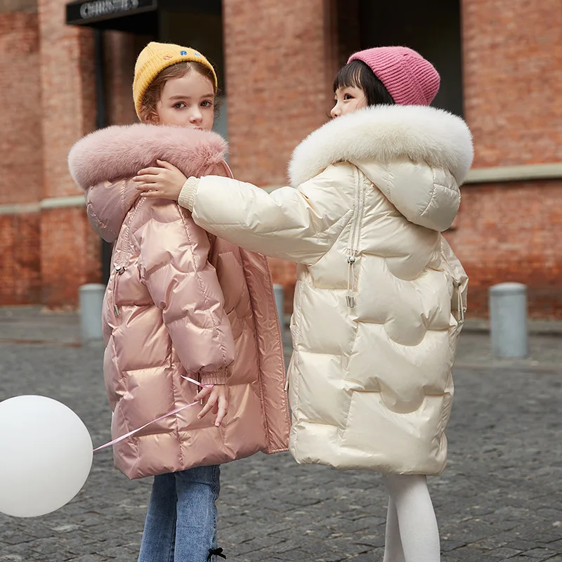 Children's down jacket Shiny Medium length down jacket winter warm girl's thickened overalls down coat  boy's windbreak