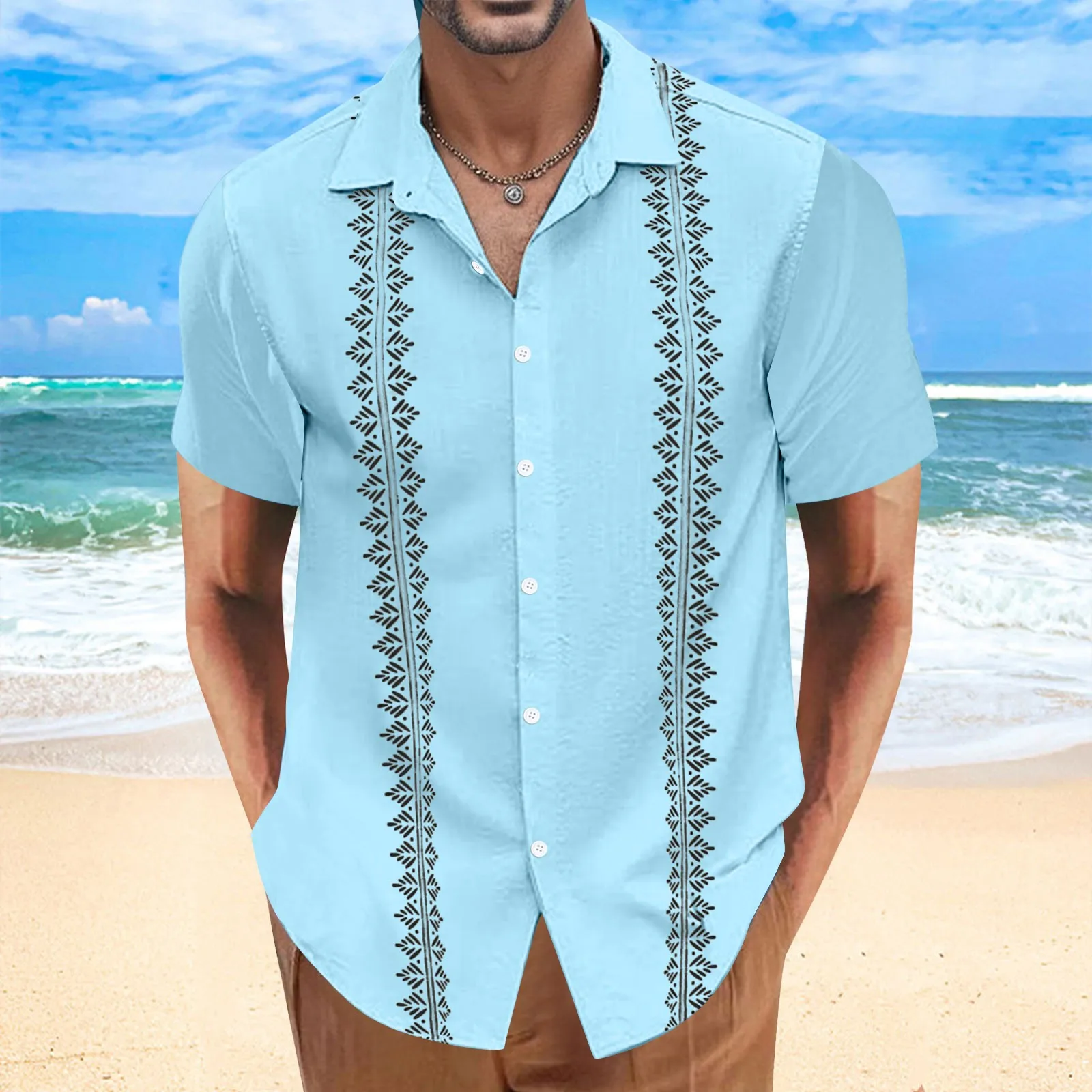 

Пляжная Праздничная рубашка, кардиган с коротким рукавом, Мужская винтажная блузка Guayabera с отложным воротником и коротким рукавом