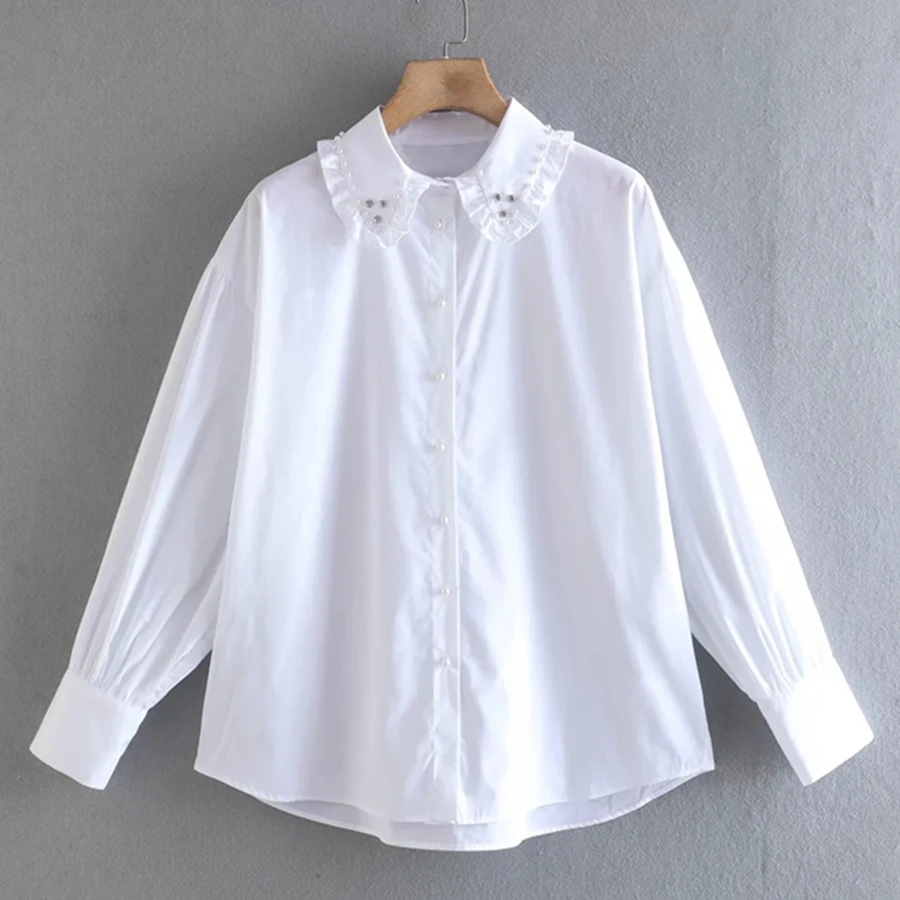 

Maxdutti 2022 с длинным рукавом стразы с воротником Повседневная Блузка английский стиль модная простая белая хлопковая рубашка женские топы