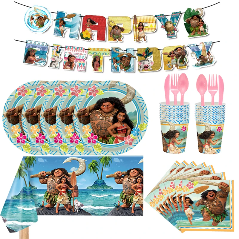 Disney Moana Party Decoration Balloons Disposable Tableware Paper Plates Cups Flags Baby Shower Girls Birthday Party Supplies