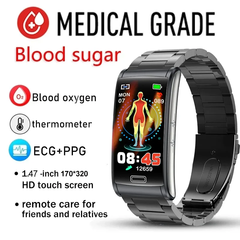 

2023 г., неинвазивный смарт-браслет с ЭКГ и PPG для измерения уровня сахара в крови, пульса, кислорода в крови, умные часы для здоровья, женские водонепроницаемые спортивные часы