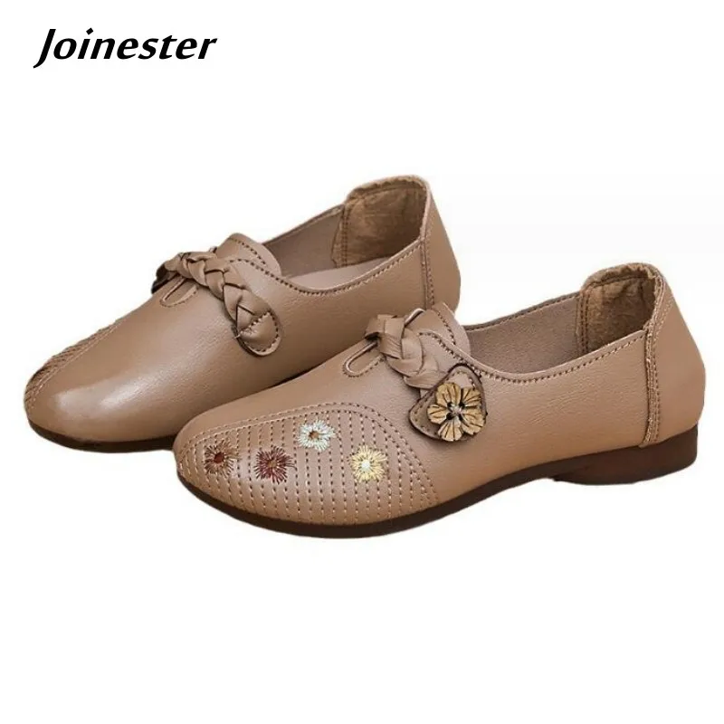 

Women Synthetic Leather Flat Shoes Autumn Retro Soft Loafers Round Toe Casual Comfort Mom Shoe Non-Skid Sole Flats