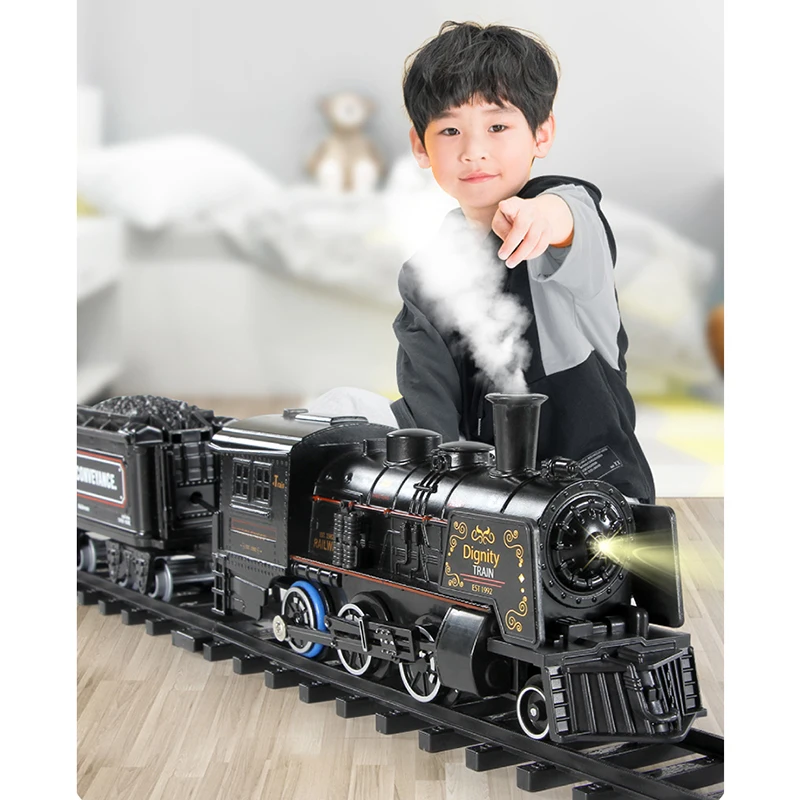 

-Simulation Steam Train Electric Train Toy Set Alloy Train Spray Track DIY Toy With Sound And Light Railway Set For Kids