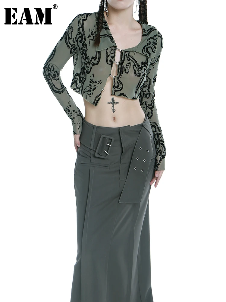 

[EAM] Women Green Flocking Mesh Short Blouse New Lapel Long Sleeve Loose Fit Shirt Fashion Tide Spring Autumn 2022 1DE8343