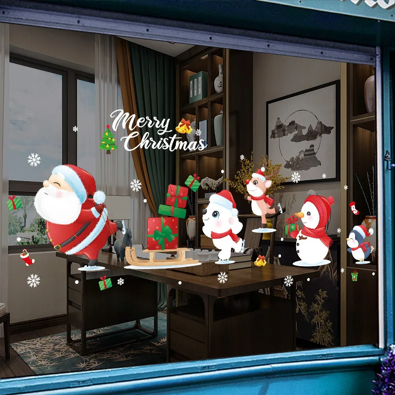 

New Year 2022 Decor Christmas Wallpaper Vinyl PVC Wall Posters Santa Claus Home Glass Door Window Self-Adhesive Wall Stickers