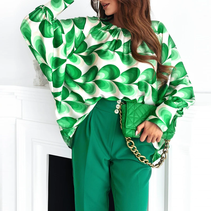 

Spring 2022 Fashion Print Chiffon Blouse Women Elegant O Neck Designer Tops Summer Lady Casual Lantern Long Sleeve Loose shirt