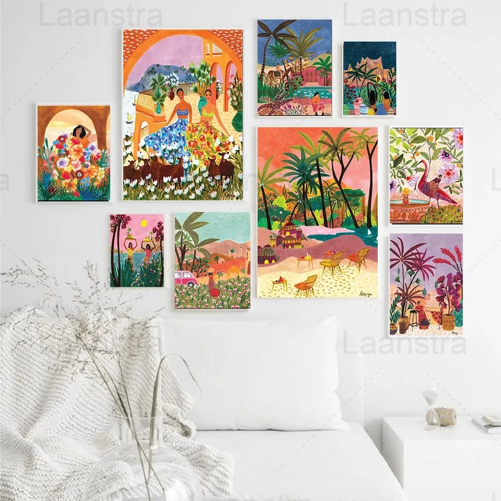 

Morocco Art Print Fashion Girl Dance Poster Shepherds Desert Flowers Wall Picture Red Bird With Woman Canvas Painting Home Decor