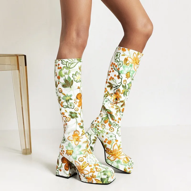 

Punk Style Women Knee High Boots Platform Chunky High Heels Square Toe Tall Boots Floral Printed Shoes Female Plus Size 41 42 43