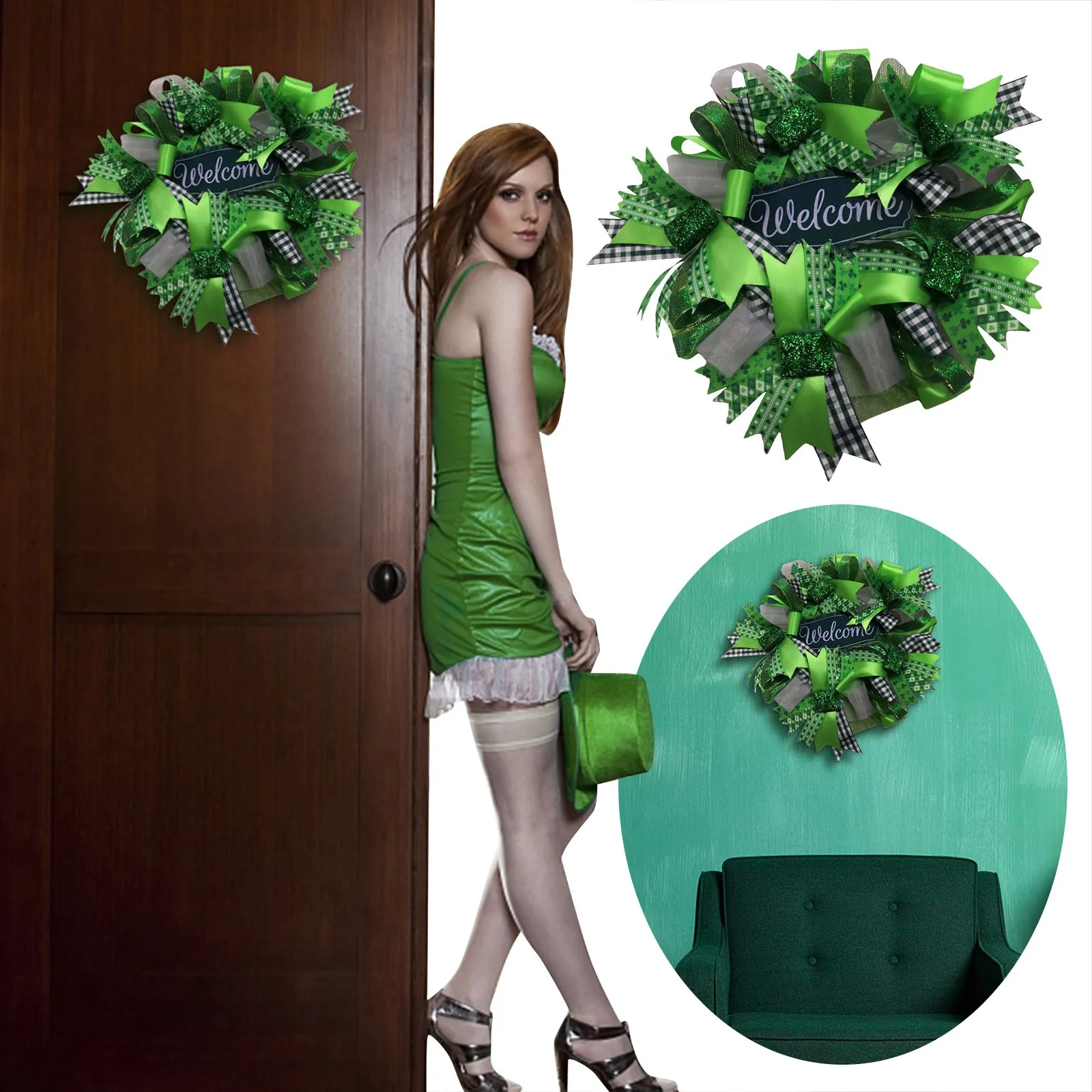 

Венок на день Ирландия приглашает меня в дом в качестве гостевой двери, подвесное декоративное кольцо с цветами, дверь крыльца