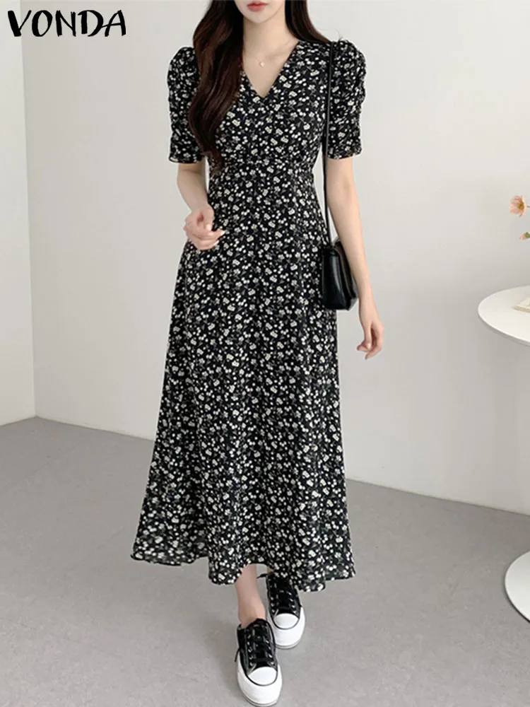 

Summer Floral Printed Dress Women Bohemian Sundress 2023 VONDA Elegant Short Puff Sleeve Mid-calf Vestidos Casual Robe Femme