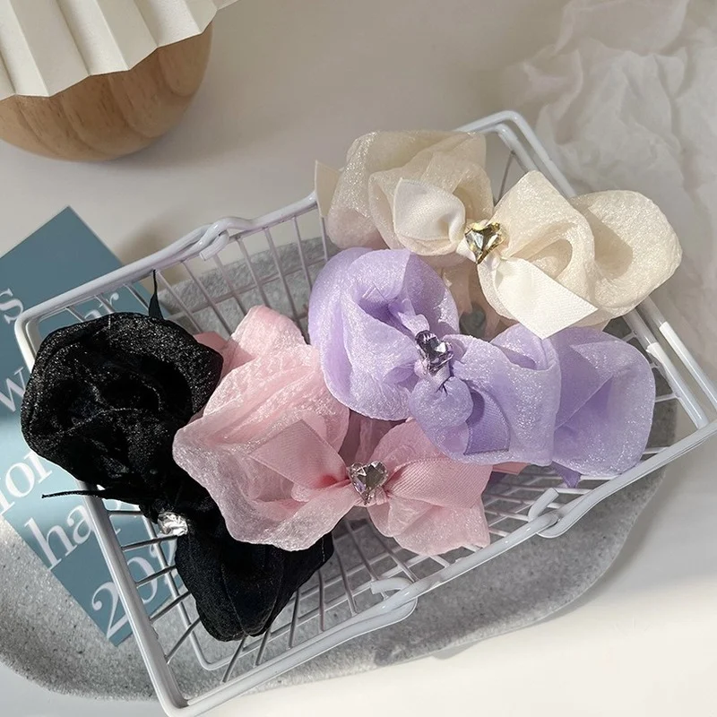 

Spring and summer simple Japanese girl mesh bow love rhinestone large intestine circle Korean tie fat intestine hair circle tide