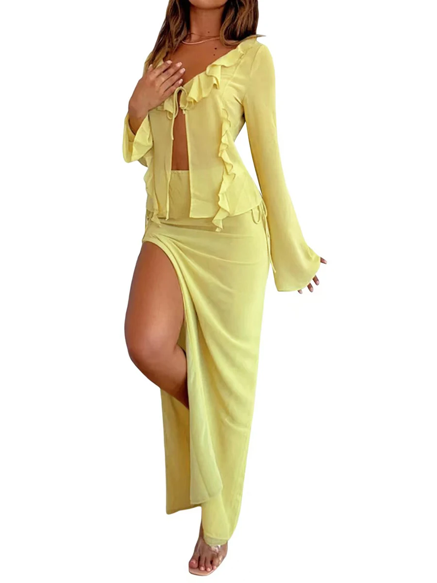 

Women s Elegant Long Sleeve V-Neck Drawstring Ruffled Blouse with Stylish Split Skirt Ensemble