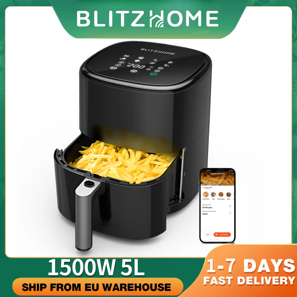 

BlitzHome 5L Electric Air Fryer 1500W TouchScreen APP Control Deep Fryer Oil-Free 360° Baking Nonstick basket Toaster