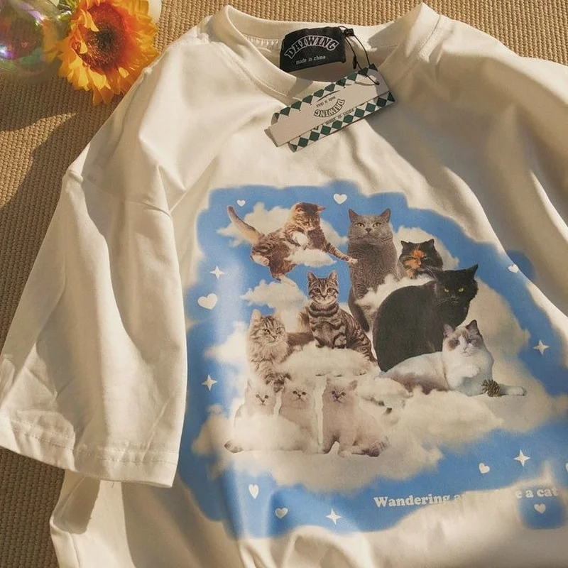 

Футболка в стиле ретро с изображением облачного кота из мультфильма, 100% хлопок