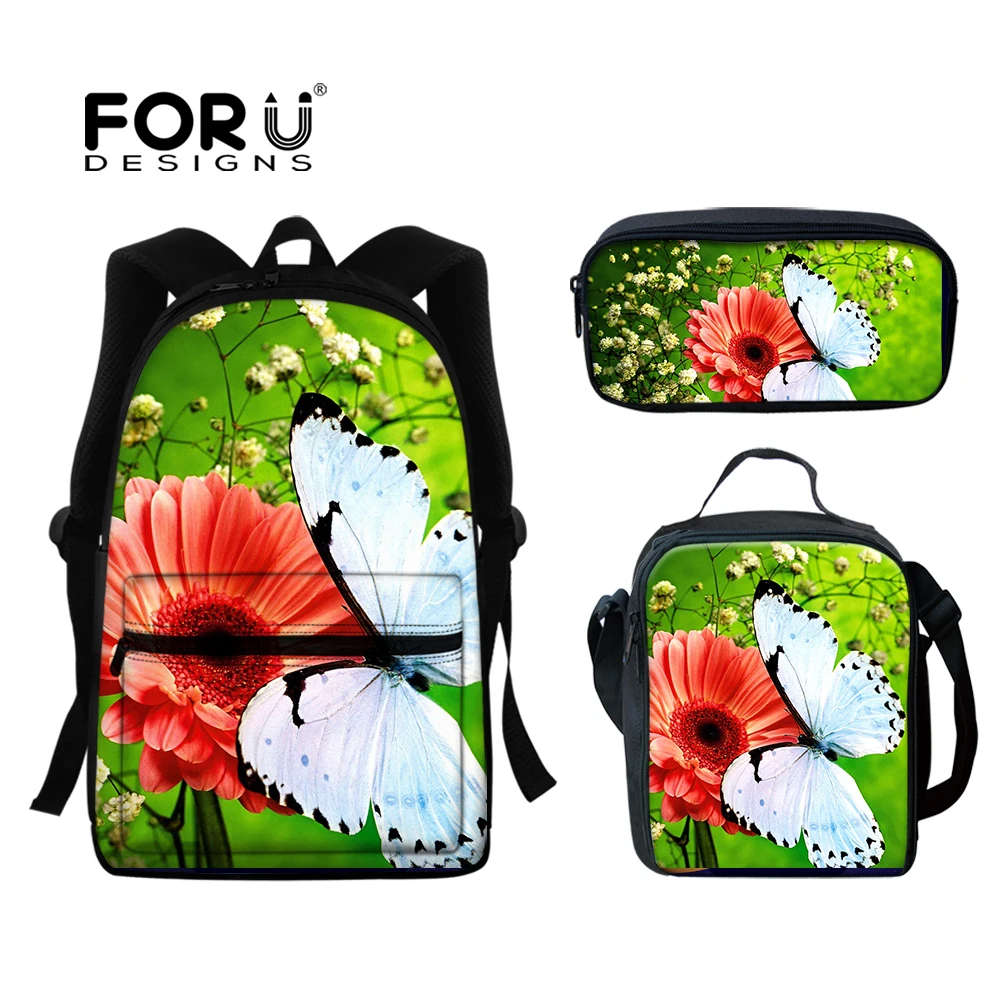 Вместительный школьный рюкзак для книг FORUDESIGNS для подростков, детский прочный ранец с бабочками и цветами, дизайнерские студенческие повсе...