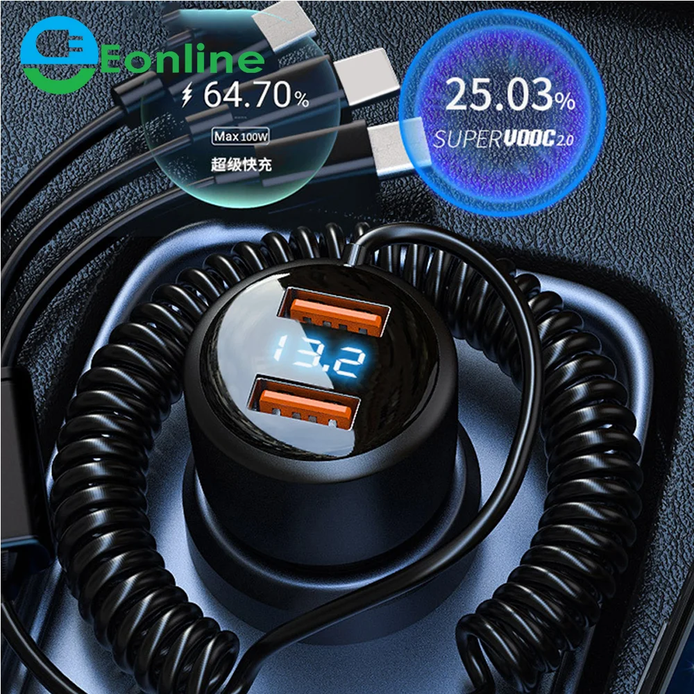 

EONLINE Dual USB 160W Car Charger 5 in 1 Fast Charging Car Adapter with USB-C/Micro USB Cable for Samsung Phone Android Phones