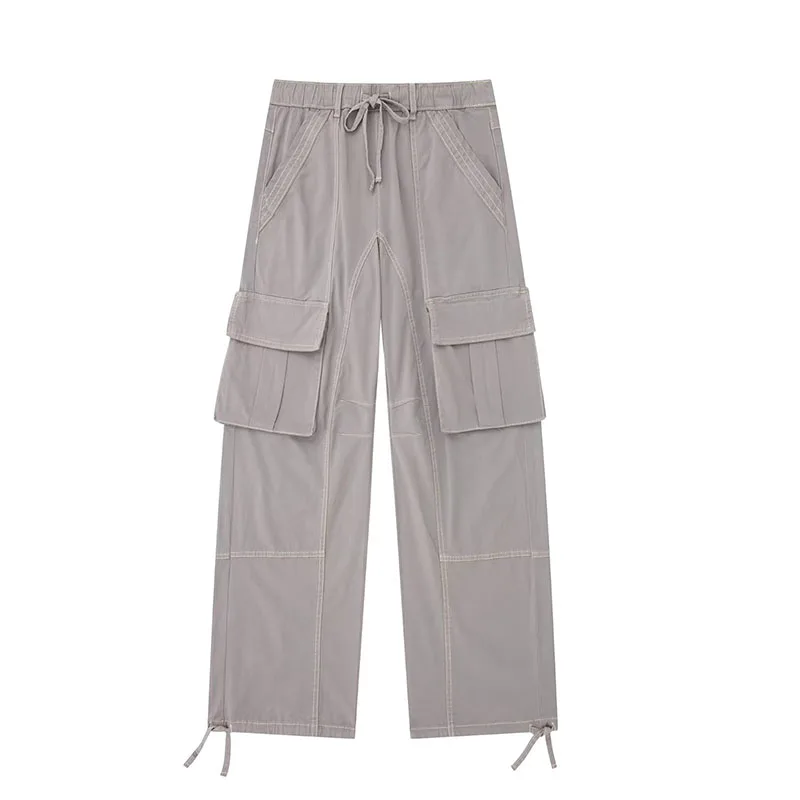 

Women 2023 Autumn New Fashion Streetwear Gray Cargo Pants Vintage Side Pockets High Waist Female Trousers Mujer