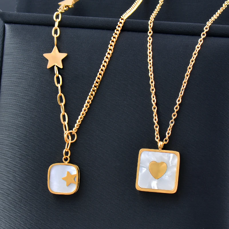 

SINLEERY Fashion 316L Stainless Steel Necklace For Women Gold Color Square Star Heart Shell Chains jewelry accessories XL334 SSK