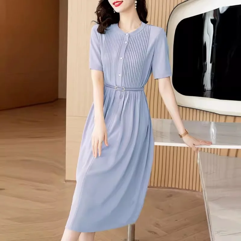 

Платье с коротким рукавом летнее женское однотонное с круглым вырезом тонкий с высокой талией плиссированный длинный пояс