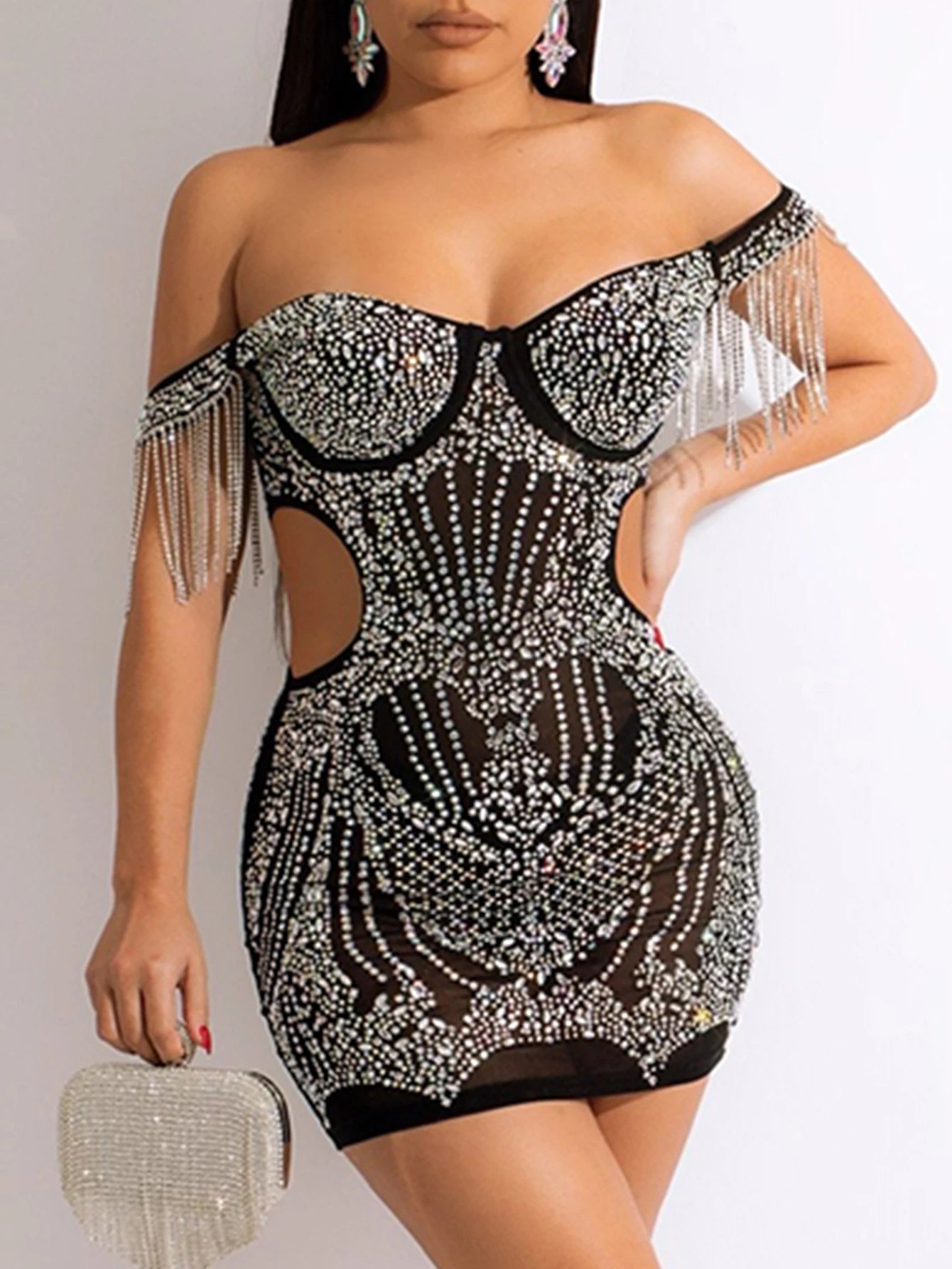 

Sexy backless rhinestone corset summer dress women glitter mini club party dress off shoulder mesh bodycon dress evening dresses