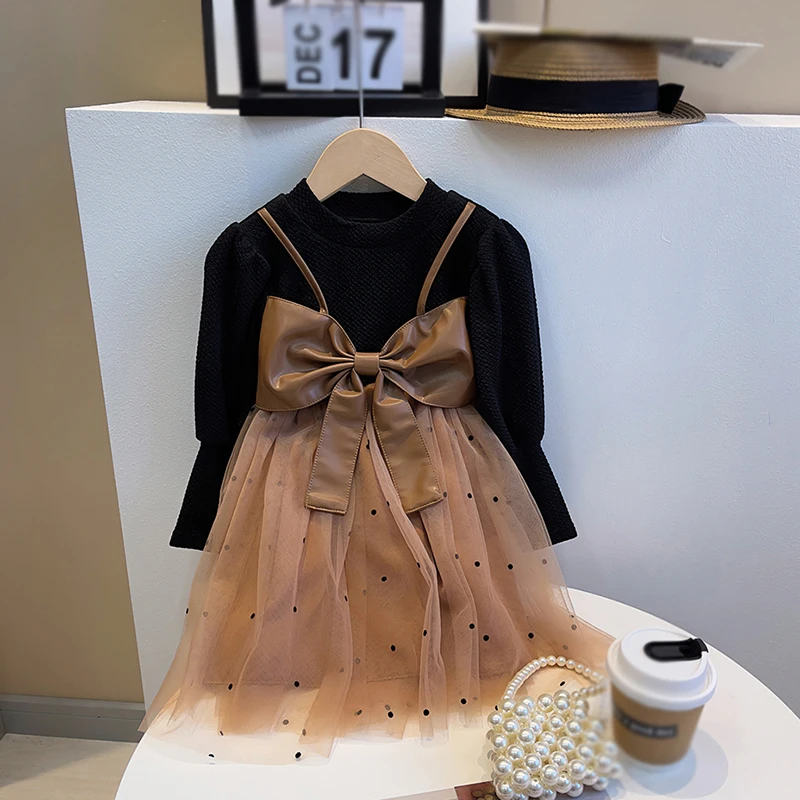 

Children Girls Autumn Dress Long Sleeve Bowknot Dot Printed Tulle Lace Mesh Patchwork Dress Kids Vestidos Dress Clothing 2-10Y