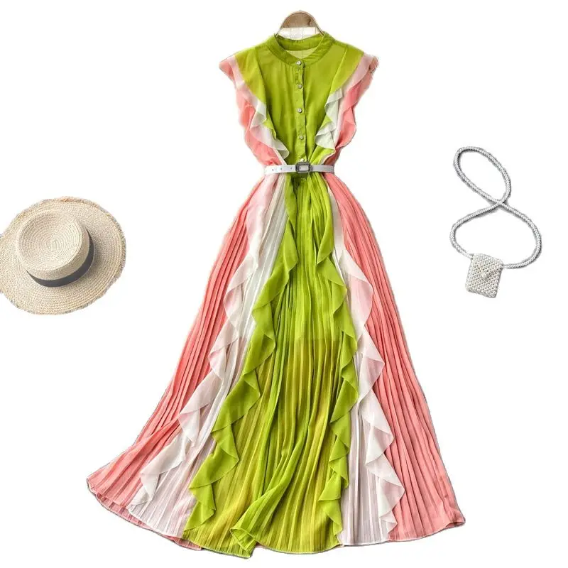 Женское платье с высокой талией, облегающее ТРАПЕЦИЕВИДНОЕ Плиссированное длинное платье с поясом, лето 2021