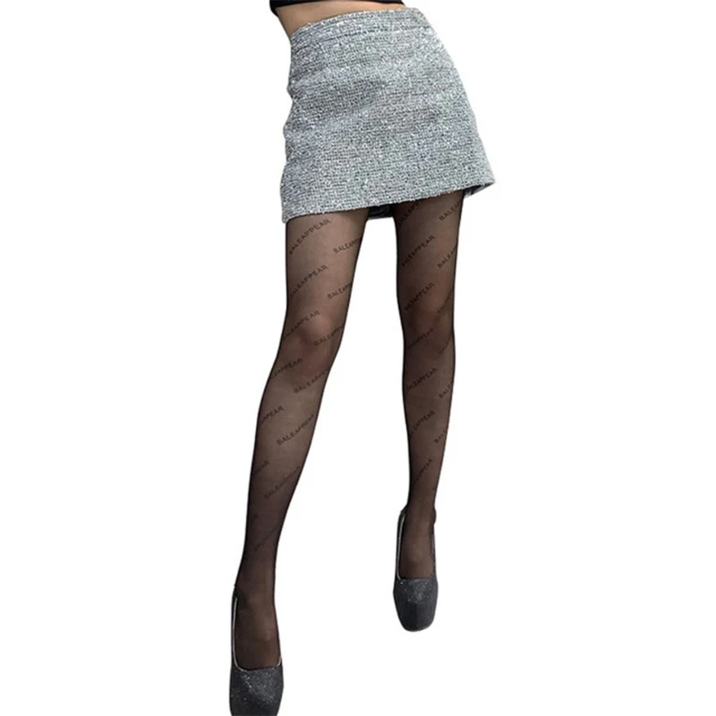 

Women Letters Printed Tattoo Tights Stockings Sexy See-Through Footed Pantyhose