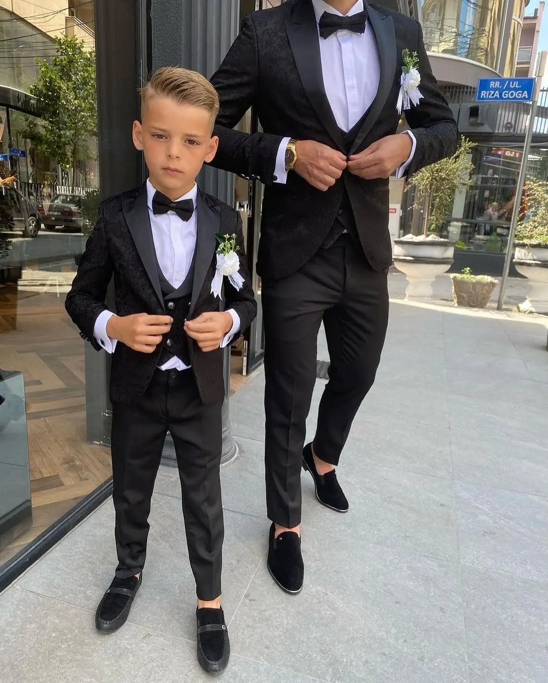 Black Pattern Boy Formal Suits Dinner Tuxedos Little Boys Groomsmen Kids For Wedding Party Prom Suit Wear Jackets+Vest+Pant