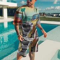 2022 new mens t shirt summer suit tracksuit car print man set oversized shorts 2 piece beach male clothing casual vintage tee