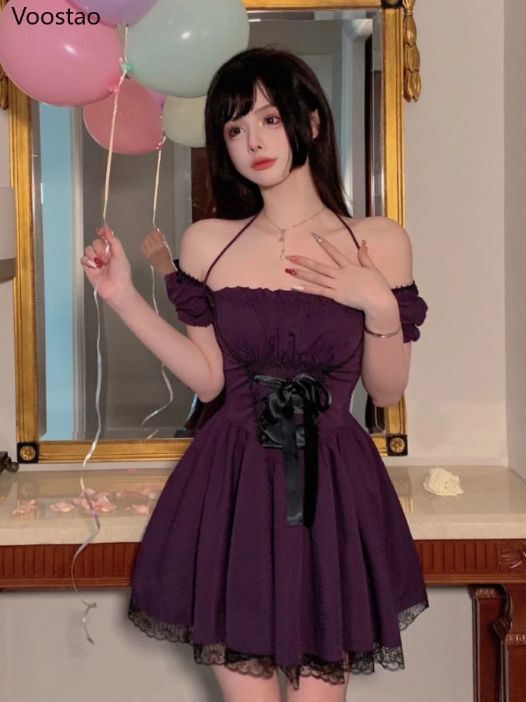 

Gothic Lolita Style Mini Dress Women Sexy Slash Neck Puff Sleeve Waist Bandage Party Dresses Girly Vintage Harajuku Y2k Vestidos