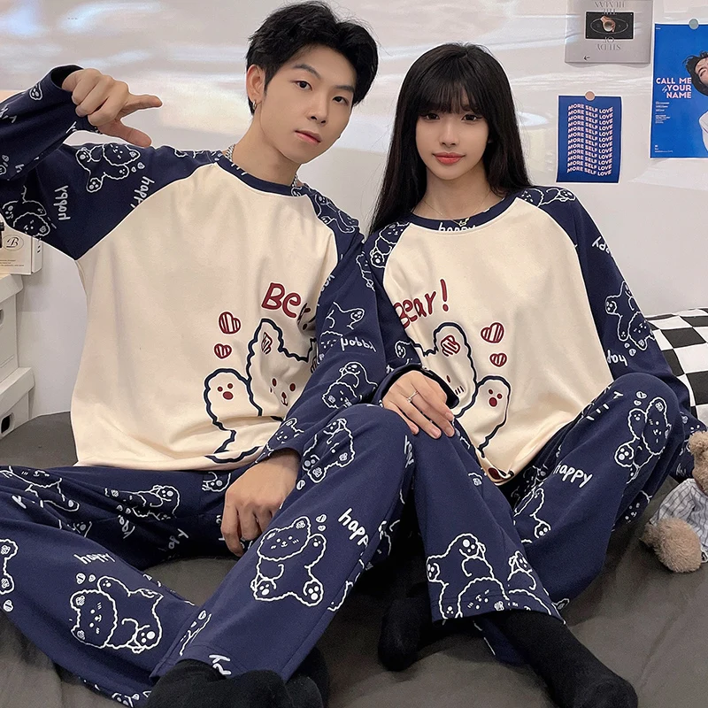 CAIYIER 2022 Cartoon Print Couple Sleepwear Suit Cotton O-Neck Leisure Women & Men Nightwear Cute Lovers Soft Winter Loungewear