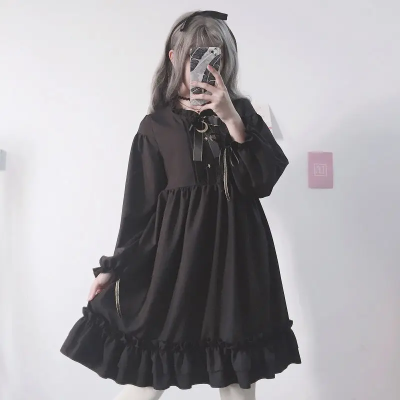 

Alice In Wondeland Cute Women Lolita OP Dress Flouncing Lace Trim Japanese Harajuku Long Sleeves Doll Teen Dress Fairy Vestidos