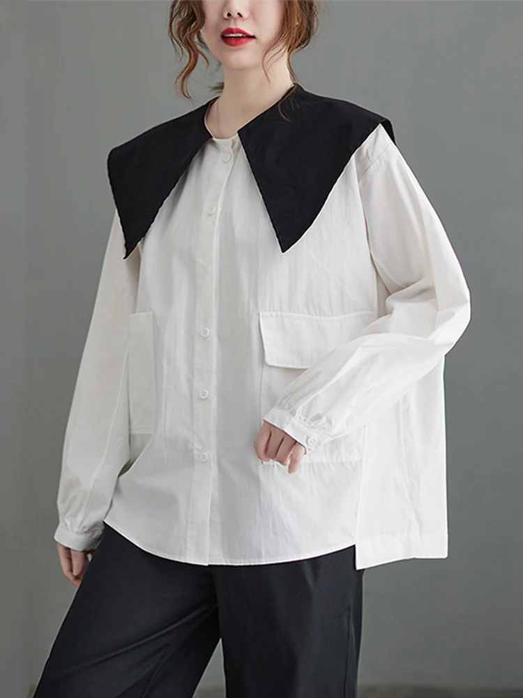 

XITAO Свободная Повседневная рубашка с длинным рукавом, воротник-кукла, однобортная, простая, модная, универсальная, 2023, осенняя женская рубашка LYD1339