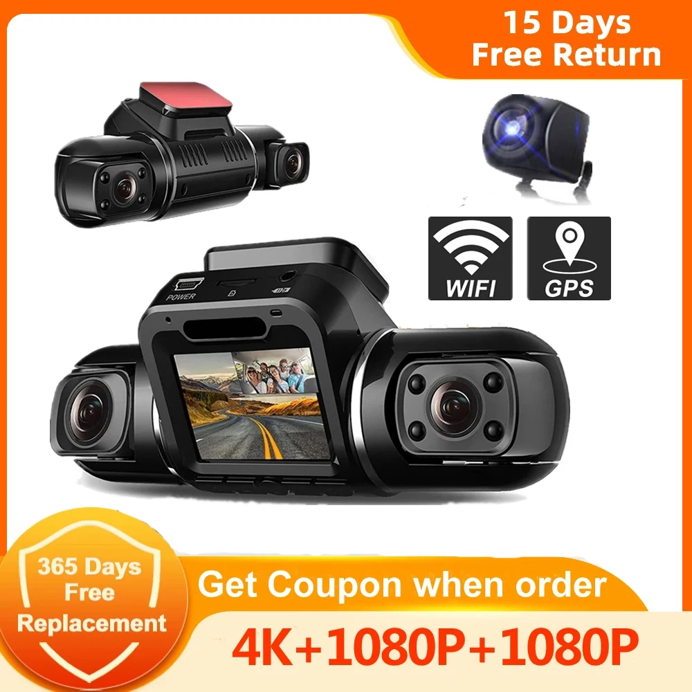 Dashcam Dual-lens Infrared Night Vision 1080p Wifi GPS on-board 2-lens 170-degree on-board Camera 3-channel DVR