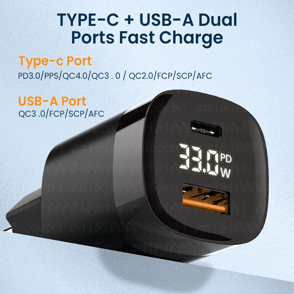 Digital Display PD 33W USB C Charger For iPhone iPad QC4.0 Fast Charging Type C Mobile Phone Charger For Samsung Huawei Xiaomi