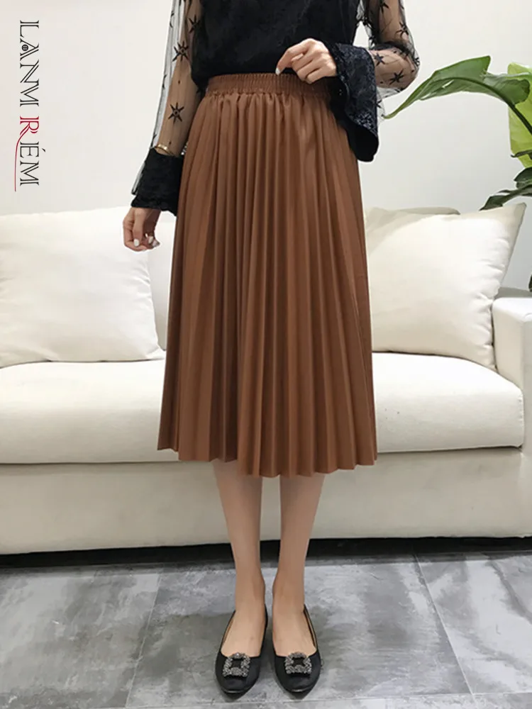 

Женская плиссированная юбка LANMREM, Однотонная юбка трапециевидной формы из искусственной кожи с эластичной резинкой на талии, осень 2022, 2R4068