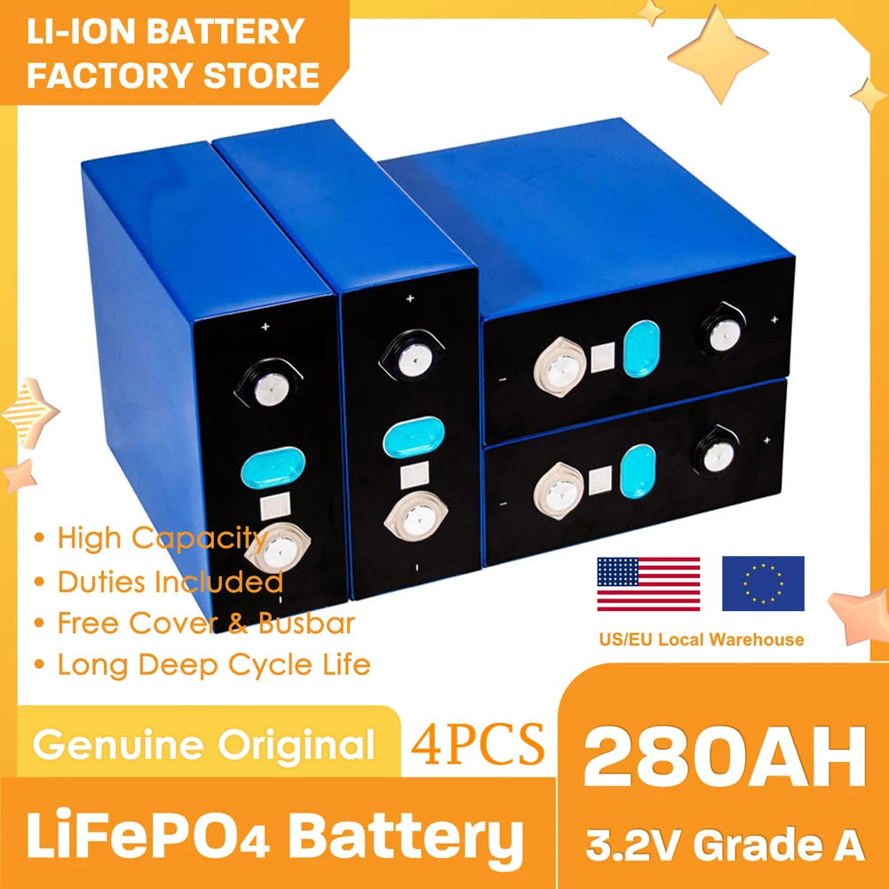 

4pcs 3.2V 280Ah LiFePO4 Rechargeable Plastic Lithium Iron Phosphate Battery Solar DIY Cell for RV EV Boats Golf Carts Vans