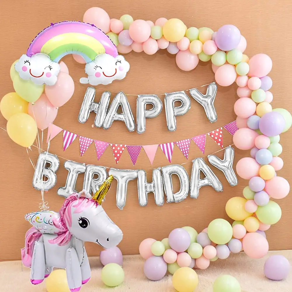 Unicorn Birthday Balloons Party for Baby Girls 3D Unicorn Balloons DIY Birthday Party Supplies With Cake Toppers Macaron Party B