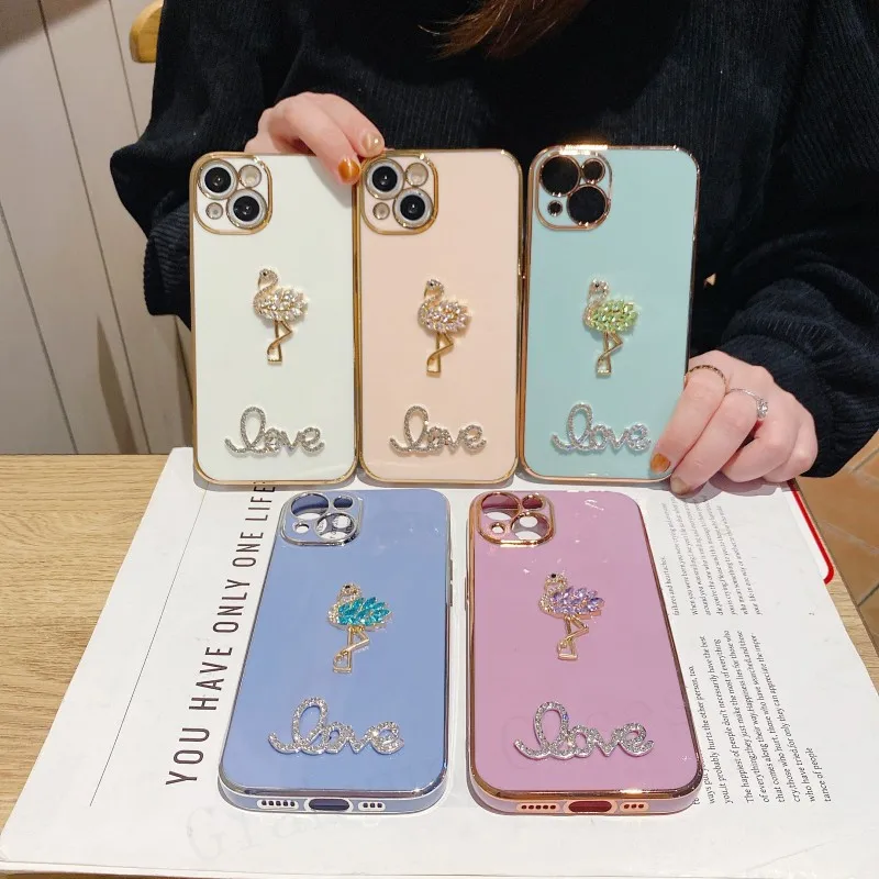 3D чехол с кристаллами и фламинго для iPhone 13 12 11 Pro Max MiNi X XS XR 7 8 Plus SE3 золотое покрытие