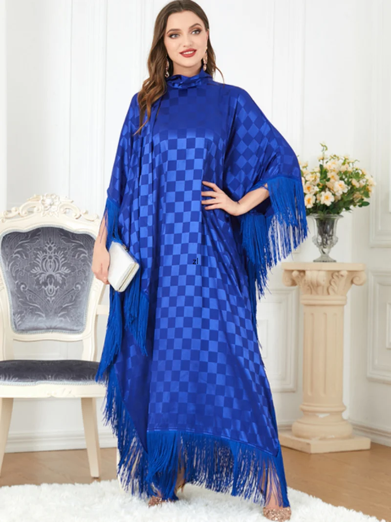 

Abaya Dubai Jubah Patchwork Tassel Batwing Sleeve Fashion Plaid Robe Muslim Dress Women Moroccan Kaftan Ramadan Eid Mubarak