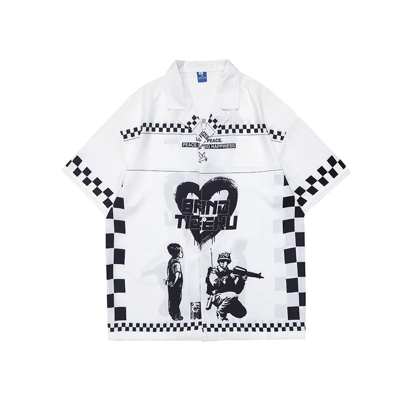 

Love Pattern White Black Checkered Color Block Summer Shirts Male and Female Lapel Streetwear Casual Oversized Tops